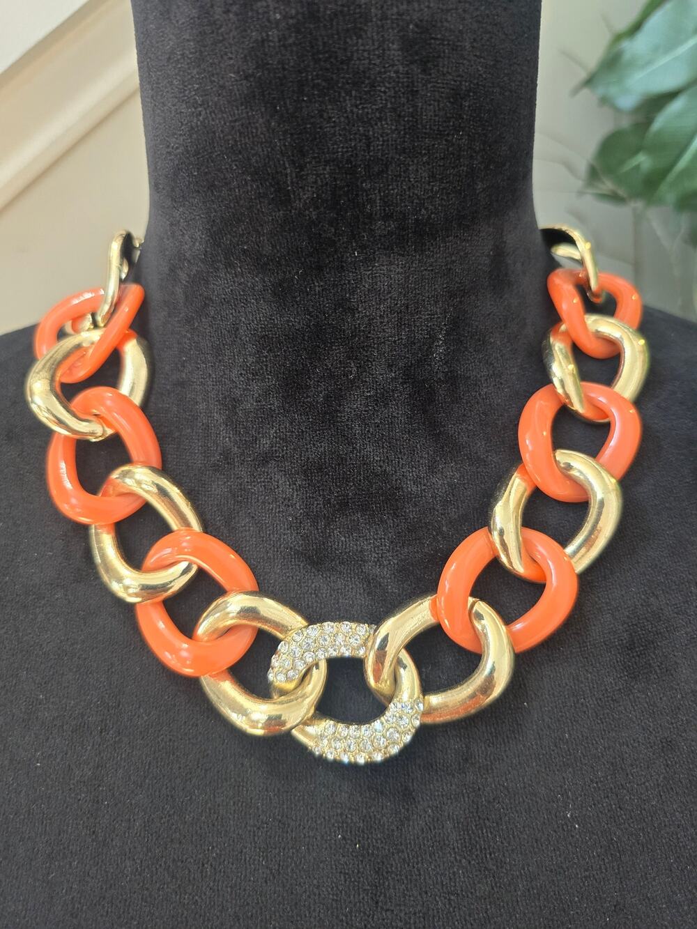 Lightweight Orange Gold Tone Chunky Chain Link Rhinestone Statement Necklace